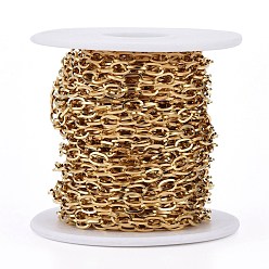 Golden Ion Plating(IP) 304 Stainless Steel Cable Chains, Unwelded, with Spool, Flat Oval, Golden, 7x4x0.8mm, about 32.8 Feet(10m)/roll