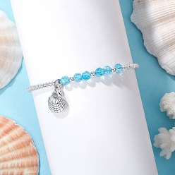 Светло-Голубой Плетеные браслеты из стеклянных бусин, сплав браслеты с подвесками в форме ракушки, со стеклянными бусинами, Небесно-голубой, внутренний диаметр: 2 ~3-1/8 дюйм (5.15~8 см)