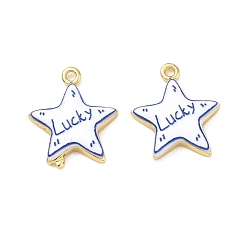 Real 18K Gold Plated Printed Brass Pendants, Star with Word Lucky Charms, Rack Plating, Long-Lasting Plated, Lead Free & Cadmium Free, Blue, Real 18K Gold Plated, 21.5x18.5x3.5mm, Hole: 1.7mm
