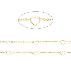 Real 18K Gold Plated Handmade Brass Cable Chains, with Heart Link Ring and Spool, Soldered, Flat Oval, Long-Lasting Plated, Real 18K Gold Plated, 2x2x0.5mm, Heart: 6.5x7.5mm, about 32.8 Feet(10m)/roll