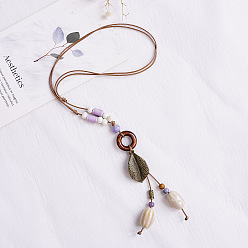 Сливовый Регулируемые Y-образные ожерелья с подвеской из этнического сплава, листьев, фарфора и дерева для женщин, античная бронза, слива, 19.69~27.56 дюйм (50~70 см)