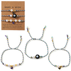 (52) Непрозрачная лаванда 3шт. браслеты ручной работы из латуни с эмалированными подвесками, Браслеты из плетеных бусин и бусин, символизирующих сглаз, для женщин., с пластиковой имитационной жемчужиной, разноцветные, 11.02 дюйм (28 см)