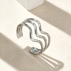 Нержавеющая Сталь Цвет 304 Открытые кольца-манжеты из нержавеющей стали с тройной волной для женщин, цвет нержавеющей стали, 11 мм, размер США 9 3/4 (19.5 мм)