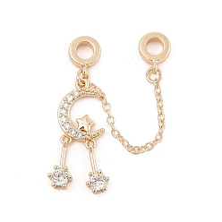 Настоящее золото 14K Покрытие стойки луна и звезда латунь прозрачный кубический цирконий европейские защитные цепи, для изготовления европейских браслетов, долговечный, без свинца и без кадмия, реальный 14 k позолоченный, 65 мм, отверстие : 4 мм