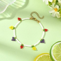 Colorful Summer Handmade Fruit Seed Bead Bracelets, Strawberry Grape Pineapple Mini Charm Bracelets, Golden, Colorful, 7.68 inch(19.5cm)