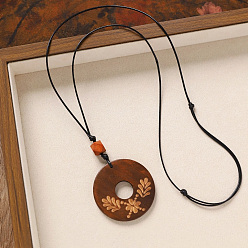 Donut Деревянная подвеска, черный вощеный шнур, длинные цепочки для женщин, пончик, 31.50 дюйм (80 см), Кулон : 70x50 мм