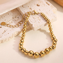 Золотой 304 браслеты из нержавеющей стали с бусинами для женщин, круглые, золотые, 6-7/8 дюйм (17.6 см)