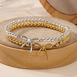 Платиновый & Золотой 2Браслеты с бантиками 304 Браслеты из нержавеющей стали, латунные круглые бусины эластичные браслеты для женщин, платиной и золотом, 6.89 дюйм (17.5 см)