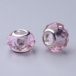 Pink Handmade Glass European Beads, Large Hole Beads, Silver Color Brass Core, Pink, 14x8mm, Hole: 5mm