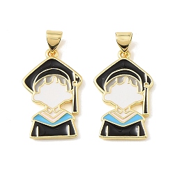 Human Colgantes de latón esmaltado para la temporada de graduación, larga duración plateado, sin plomo y cadmio, real 18 k chapado en oro, negro, amuleto de niño graduado, 24.5x15x1.8 mm, agujero: 4.3x3 mm