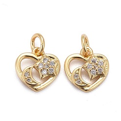 Real 18K Gold Plated Brass Micro Pave Cubic Zirconia Pendants, Long-Lasting Plated, Heart with Star & Moon, Real 18K Gold Plated, 8x7x2.5mm, Jump Ring: 5x0.7mm, Inner Diameter: 3.5mm