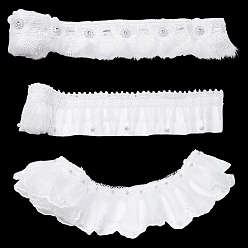 Белый 3 ярдов 3 стилей полиэстеровых плиссированных кружевных лент, отделка цветочным кружевом с искусственным жемчугом на пластиковой основе, аксессуары для одежды, белые, 2-3/8~3-1/8 дюйм (59~80 мм), 1 двор / стиль