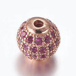 Серо-розавый Латунные микро проложить кубического циркония бусы, круглые, розовое золото , увядшая роза, 8 мм, отверстие : 1.5 мм