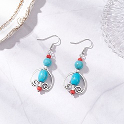 Античный Серебристый & Платиновый Овальные серьги-подвески из синтетической бирюзы в тибетском стиле, старинное серебро и платина, 52.5x19.5 мм