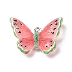 Saumon Pendentifs en résine transparente, breloque papillon pastèque, avec épingle à œillet en fer platine et poudre à paillettes, Saumon, 19x27x8.5mm, Trou: 2mm