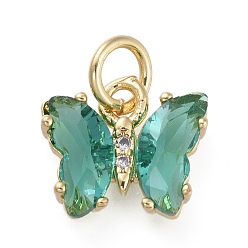 Teal Brass Micro Pave Clear Cubic Zirconia Pendant, with Glass, Butterfly, Golden, Teal, 11x9.5x3mm, Hole: 3.5mm