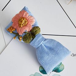 Flower Bowknot Hair Clip Embroidery Beginner Kits, including Embroidery Fabric & Thread, Needle, Embroidery Hoop, Instruction, Elastic Band, Flower, 40x80mm