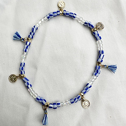 Средно-синий Браслеты на ногу из пластика с кисточками, украшенные бисером и сплавом в стиле бохо, античное золото , светло-синий, 9-1/2 дюйм (240 мм)