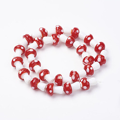 Red Handmade Lampwork Beads Strands, Mushroom, Red, 11.5~14.5x9~11mm, Hole: 1mm, about 25pc/strand, 13.54 inch(34.4cm)