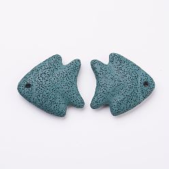 чирок Большие подвески из натуральной лавы, рыба, окрашенные, зелено-синие, 54~56x52~53x10~11 мм, отверстие : 4 мм