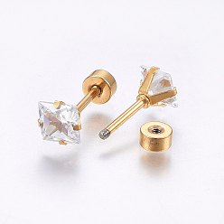 Golden 304 Stainless Steel Earlobe Plugs, Screw Back Earrings, with Glass Rhinestone, Square, Crystal, Golden, 3x3mm, Pin: 1mm, 12pairs/bag