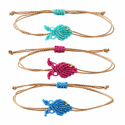 Mixed Color Ocean Adjustable Braided Wax Cord Fish Link Bracelet Sets with Brass Beads for Women, Adjustable Stackable Bracelets, Golden, Mixed Color, 11.02 inch(28cm), 3pcs/set