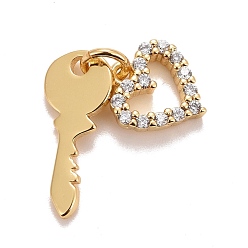 Настоящее золото 18K Кубического циркония подвески, с реечной обшивкой латунными выводами, с прыжковых колец, долговечный, без свинца и без кадмия, ключ и сердце, реальный 18 k позолоченный, 18 мм, Перейти кольцо: 4.6x0.8 мм, 3 мм внутренним диаметром, Ключ: 15.5x6.5x1 мм, Сердце: 19.5x9x2 mm