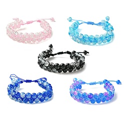 Mixed Color Glass Round Braided Bead Bracelets, Double Line Adjustable Bracelet, Mixed Color, Inner Diameter: 2~3-3/8 inch(8.5cm)
