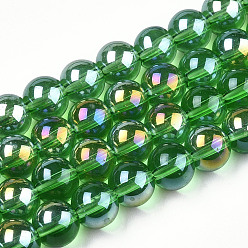 Green Electroplate Transparent Glass Beads Strands, AB Color Plated, Round, Green, 8~8.5mm, Hole: 1.5mm, about 51~53pcs/strand, 14.96 inch~15.55 inch(38~39.7cm)