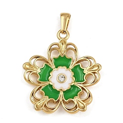 Зеленый 304 нержавеющей стальной эмали подвески, цветок, со стразами, золотые, зелёные, 33x29.5x4.5 мм, отверстие : 6.3x2.5 мм