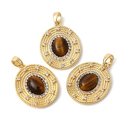 Настоящее золото 18K Природных тигровый глаз подвески, Овальные подвески с латунными микропаве из прозрачных кубических цирконий., реальный 18 k позолоченный, 22.5~23x18.5x4~4.5 мм, отверстие : 3x4.7 мм