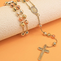 Oval Vintage 304 Stainless Steel Round Rosary Bead Necklaces, Religion Cross Virgin Pendant Necklaces for Women, Golden & Rose Gold & Silver Color Plated, Oval, 16.93 inch(43cm)