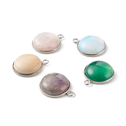 Mixed Stone Natural & Synthetic Gemstone Pendants, with 304 Stainless Steel Findings, Flat Round, 26.5~27x21~22x7~8mm, Hole: 3mm
