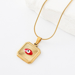 Red 304 Stainless Steel Enamel Evil Eye Square Pendant Necklaces for Men Women, Golden, Red, 15.75 inch(40cm)