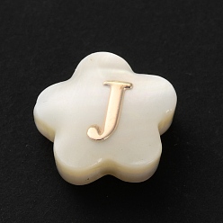Letter J Натуральные белые ракушки, золотые эмалевые бусины с буквами, буква J, 8x4.5 мм, отверстие : 0.8 мм
