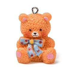 Sandy Brown Opaque Resin Pendants, Teddy Bear with Bowknot Charms, with Platinum Iron Loops, Sandy Brown, 29x21x22mm, Hole: 2mm