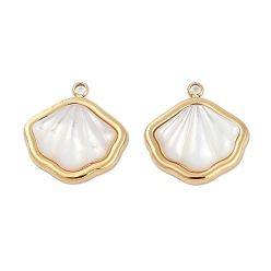 Настоящее золото 18K 304 подвески из натуральной белой ракушки из нержавеющей стали, подвески в форме ракушек, ионное покрытие (ip), реальный 18 k позолоченный, 15x15x3 мм, отверстие : 1.5 мм
