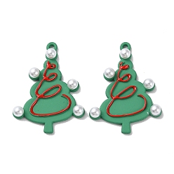 Medium Aquamarine Spray Painted Alloy Pendants, with ABS Plastic Imitation Pearl Beads, Christmas Tree, Medium Aquamarine, 30.5x23x2~4.5mm, Hole: 1.4mm