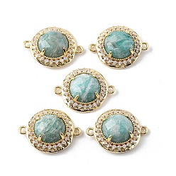 Амазонит Подвески-коннекторы из натурального амазонита с граненой отделкой, латунные микро-паве прозрачные кубические цирконии плоские круглые драгоценные камни звенья, золотые, стойки покрытие, 21x16x7 мм, отверстие : 1.6 мм