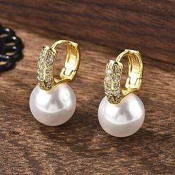 Настоящее золото 18K Пластиковые жемчужные серьги-кольца с прозрачными фианитами, латунные серьги на петлях для женщин, без свинца, без кадмии и без никеля, реальный 18 k позолоченный, 23 мм, штифты : 1 мм