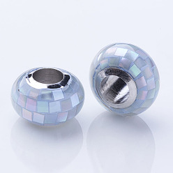 Светло-Синий Оболочки европейские шарики, с медными сердечниками, рондель, бусины с большим отверстием, платина, голубой, 12x7~7.5 мм, отверстие : 4.5 мм