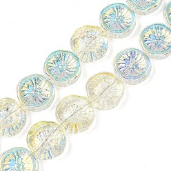 Светлый Золото-желтый Полугальванизированная краска для запекания стеклянные бусины нити, плоский круглый с цветком, с покрытием AB цвета, светлый золотарник желтый, 12x4 мм, отверстие : 1 мм, около 50 шт / нитка, 23.62'' (60 см)