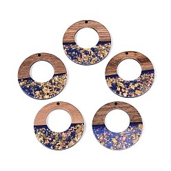 Темно-Синий Подвески из непрозрачной смолы и орехового дерева, плоские круглые прелести, с блестящей пудрой и золотой фольгой, темно-синий, 38x3~3.5 мм, отверстие : 2 мм
