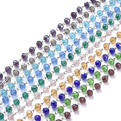 Mixed Color Handmade Electroplate Glass Beaded Chains, with Platinum Plated Iron Eye Pin, Unwelded, Mixed Color, 39.37 inch(100cm), Beads: 8x6mm