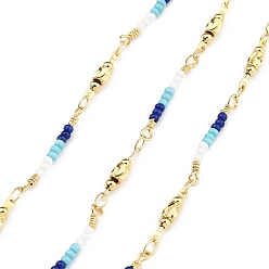 Темно-Синий Латунные шаровые цепи, со стеклянными бисеринами, без кадмия, без никеля и без свинца, реальный 18 k позолоченный, пайки, с катушкой, темно-синий, 20x3x2 мм