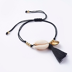 Black Braided Bracelets, with Cotton Thread Tassel Pendants, Natural Cowrie Shell Beads, 304 Stainless Steel Pendants, Brass Beads and Nylon Thread, Black, 1/2 inch~3-5/8 inch(1.4~9.2cm)