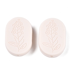 Розовый Силиконовые бусины, овал с цветочным принтом, туманная роза, 26x18x8.5 мм, отверстие : 2 мм