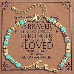 Имперская яшма 304 Браслеты из нержавеющей стали с волнообразными звеньями, Браслеты из натурального императорского камня и круглых бусин из латуни для женщин, с бумажной карточкой, 6.50 дюйм (16.5 см) ~ 6.69 дюйм (17 см)