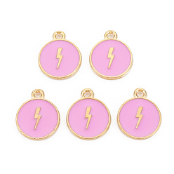 Бледно-Розовый Подвески из эмали и сплава, без кадмия и без свинца, золотой свет, плоские круглые с молнией, розовый жемчуг, 16x13x2 мм, отверстие : 1.6 мм