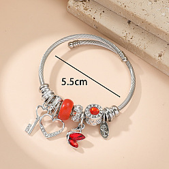 Красный Регулируемые европейские браслеты из нержавеющей стали, браслеты с подвесками для женщин, сердца и ключ, со сплавом, стразами и смолой, красные, внутренний диаметр: 2-1/8 дюйм (5.5 см)